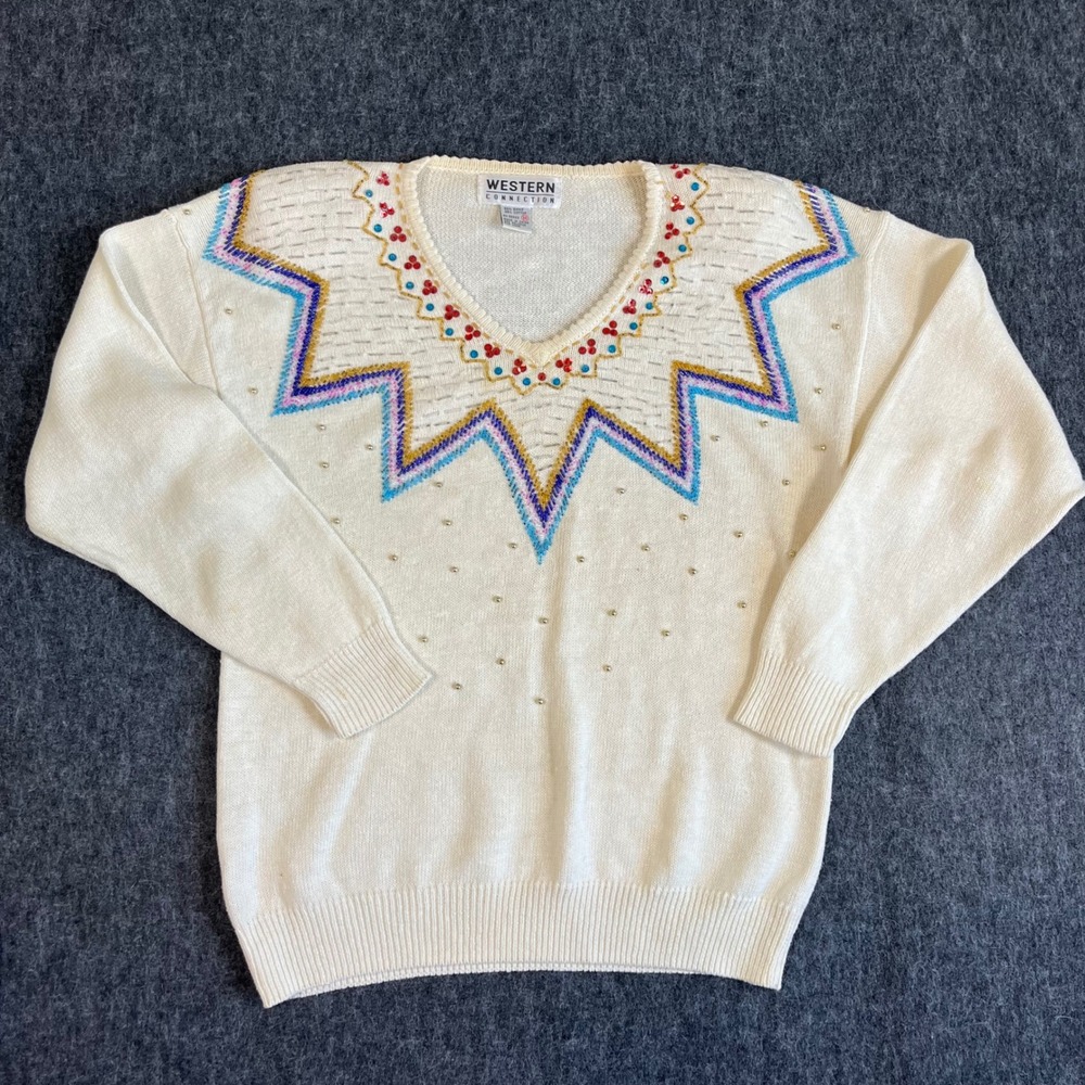 Western Connection‎ Vintage Beaded Sequin Cowgirl Sweater Cream Sz M